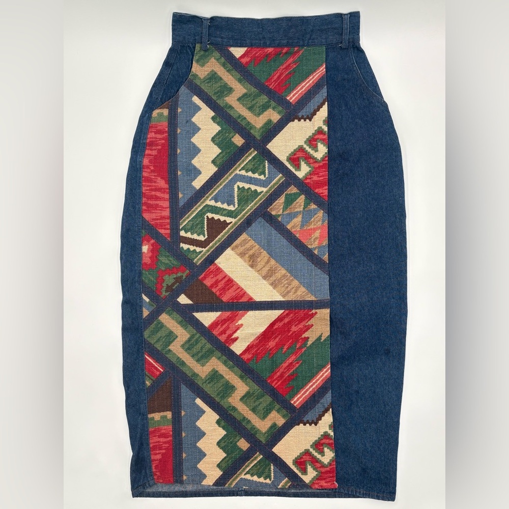 Vintage Roper Southwestern Patchwork Denim‎ Skirt Made USA Western Boho
